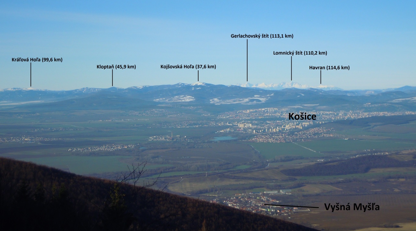 Rovnaká fotografia ako na obrázku číslo 3, tentokrát ale s označenými jednotlivými miestami s uvedením vzdialenosti niektorých tatranských štítov